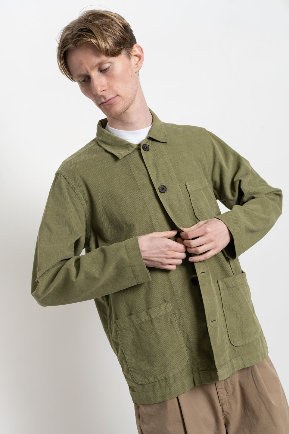 Universal Works FW23 Men's Collection Bakers Overshirt Fine Cord Olive Calculus Victoria BC Canada