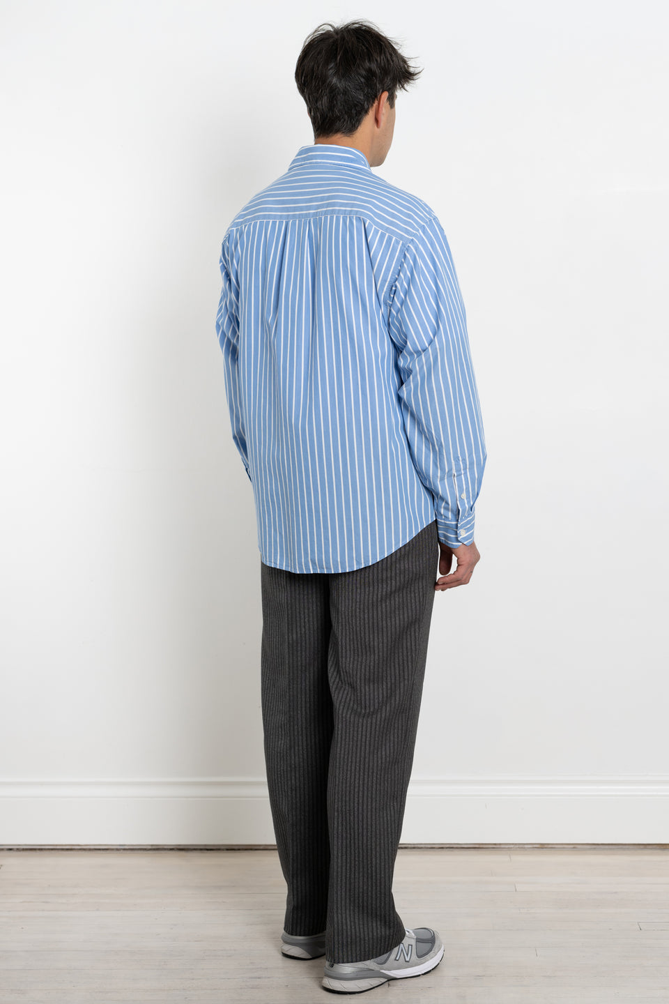 mfpen AW23 or FW23 Men's Collection Destroyed Executive Shirt Blue Stripe Organic Cotton Calculus Victoria BC Canada