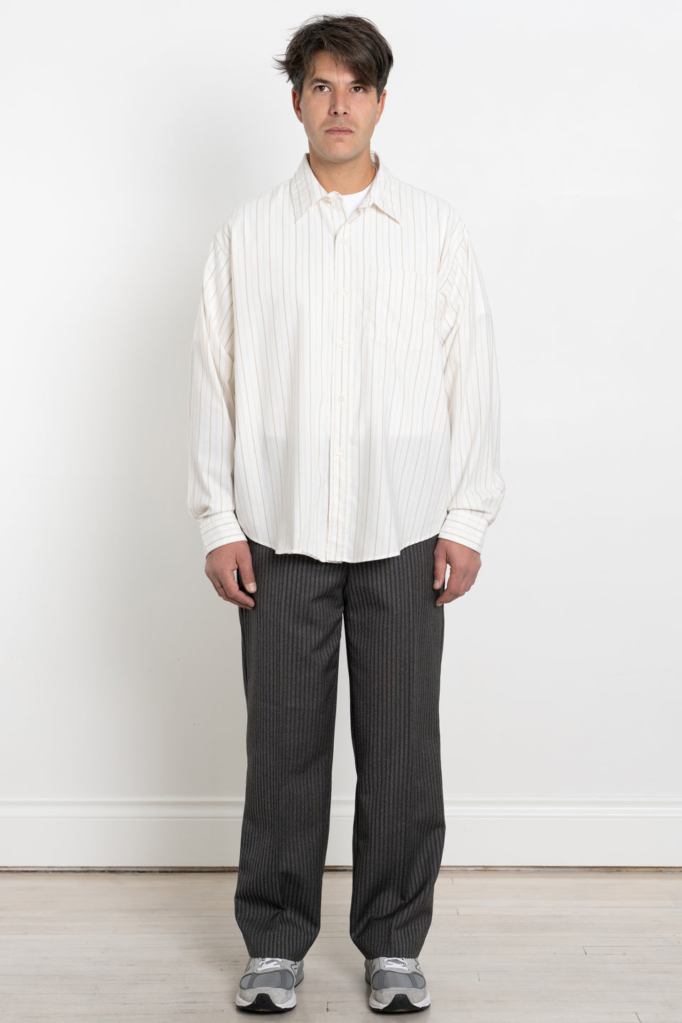 mfpen AW23 or FW23 Men's Collection Executive Shirt Beige Stripe Silk Calculus Victoria BC Canada