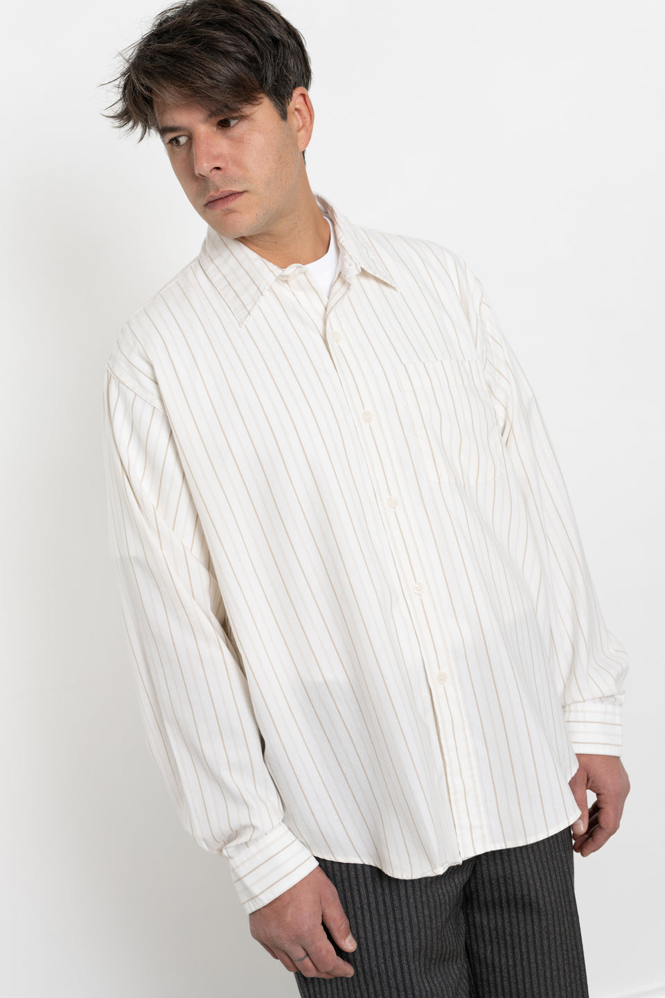mfpen AW23 or FW23 Men's Collection Executive Shirt Beige Stripe Silk Calculus Victoria BC Canada