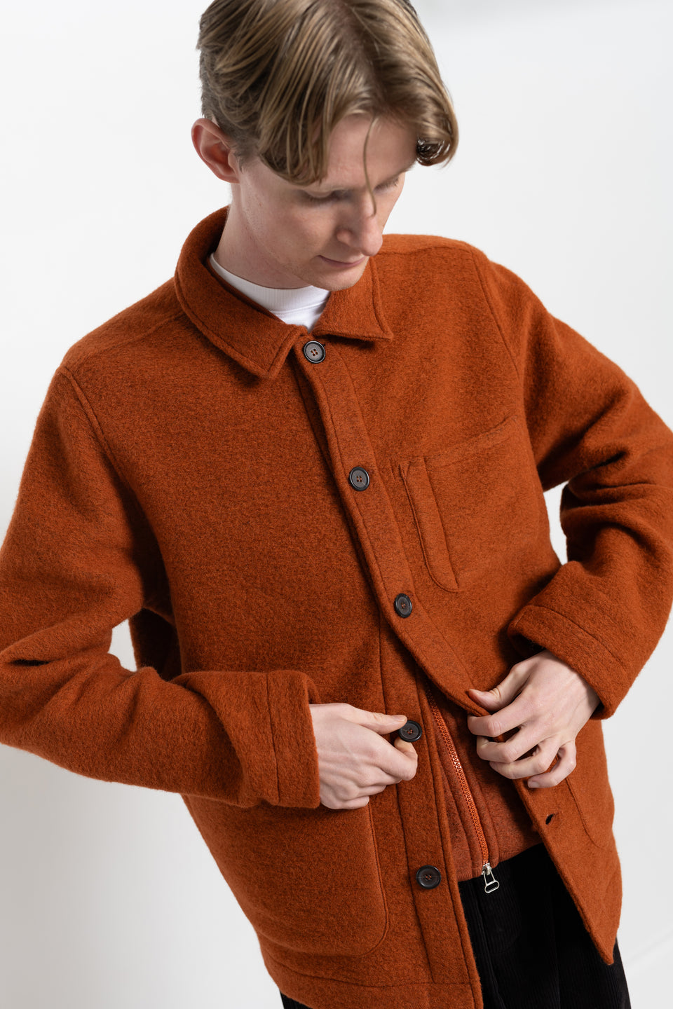 Universal Works FW23 Men's Collection Field Jacket Wool Fleece Orange Calculus Victoria BC Canada