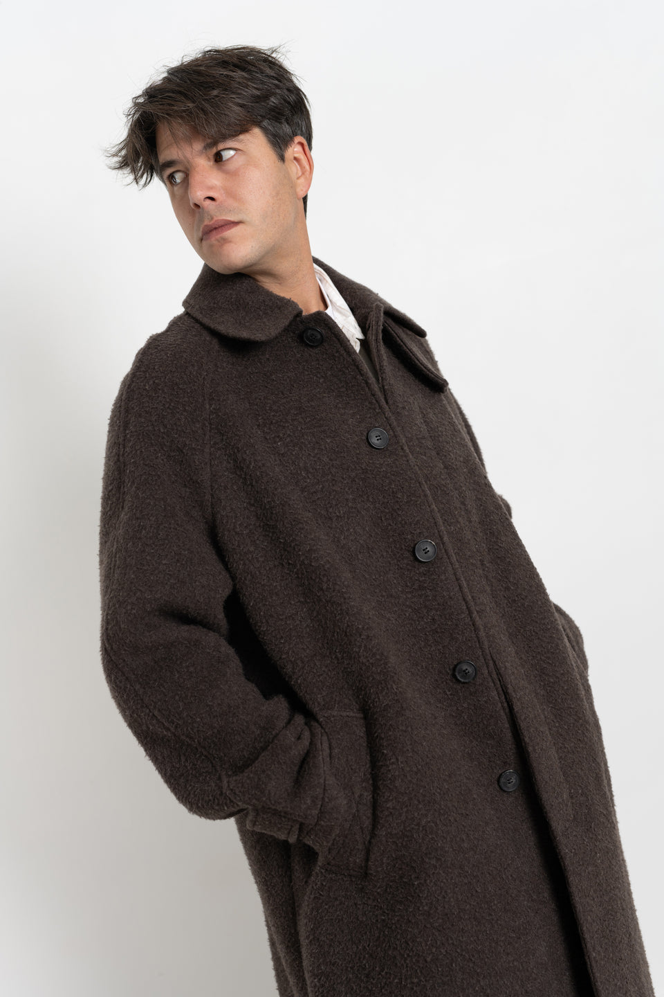mfpen AW23 or FW23 Men's Collection Installation Coat Brown Fuzz Recycled Wool Calculus Victoria BC Canada