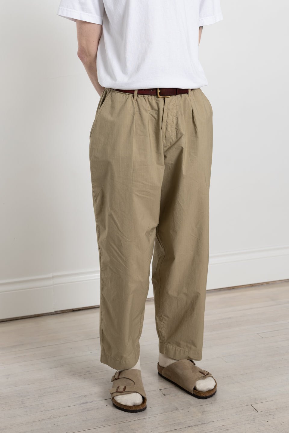 Universal Works SS24 Men's Collection Oxford Pant Nearly Pinstripe Summer Oak Calculus Victoria BC Canada