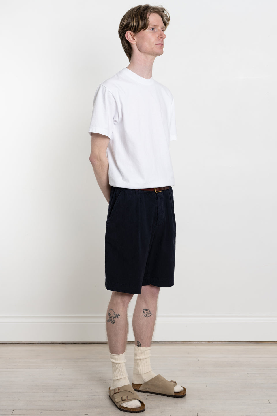 Universal Works SS24 Mens Collection Pleated Track Short Seersucker II Navy Calculus Victoria BC Canada