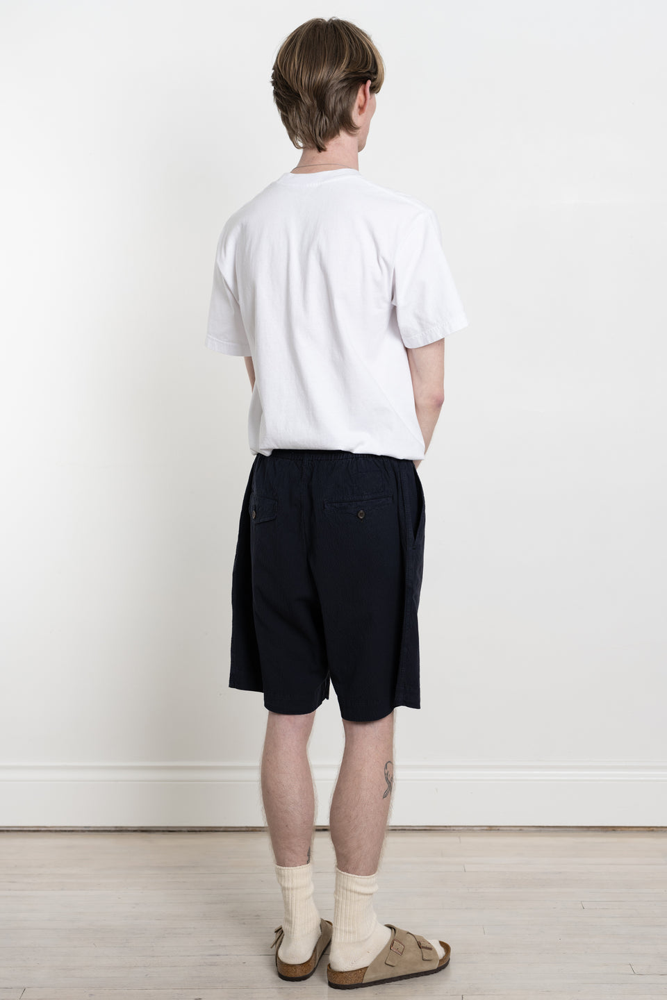 Universal Works SS24 Mens Collection Pleated Track Short Seersucker II Navy Calculus Victoria BC Canada