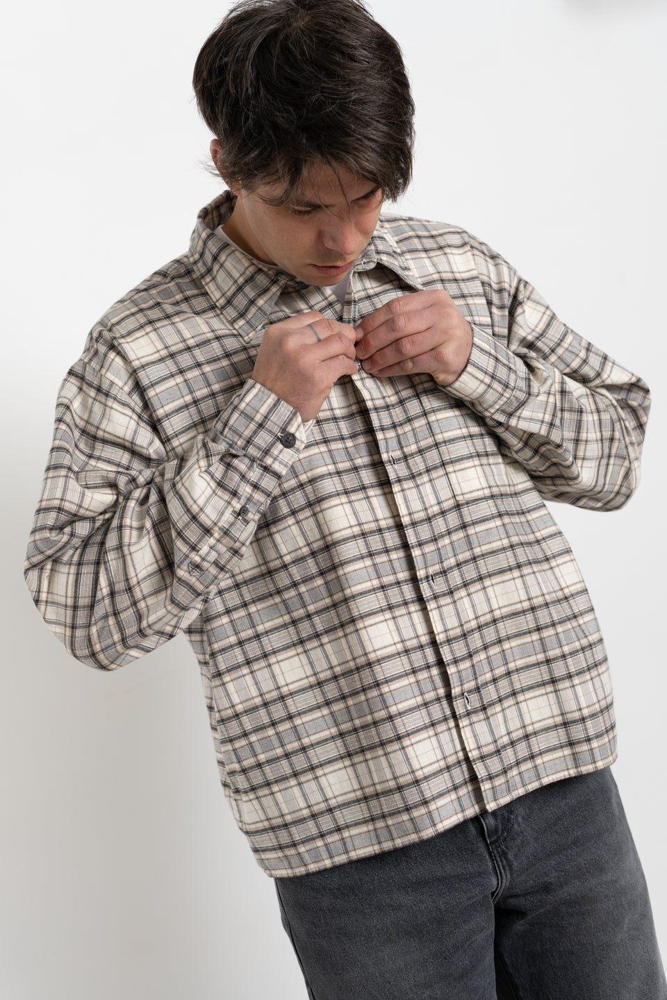 mfpen AW23 or FW23 Men's Collection Priority Shirt Oatmeal Check Organic Cotton Calculus Victoria BC Canada