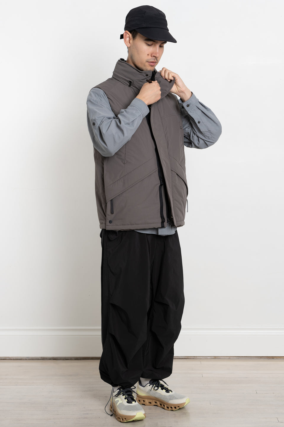 meanswhile Japan AW23 FW23 Men's Collection Side Slit Padding Vest Dark Taupe Calculus Victoria BC Canada