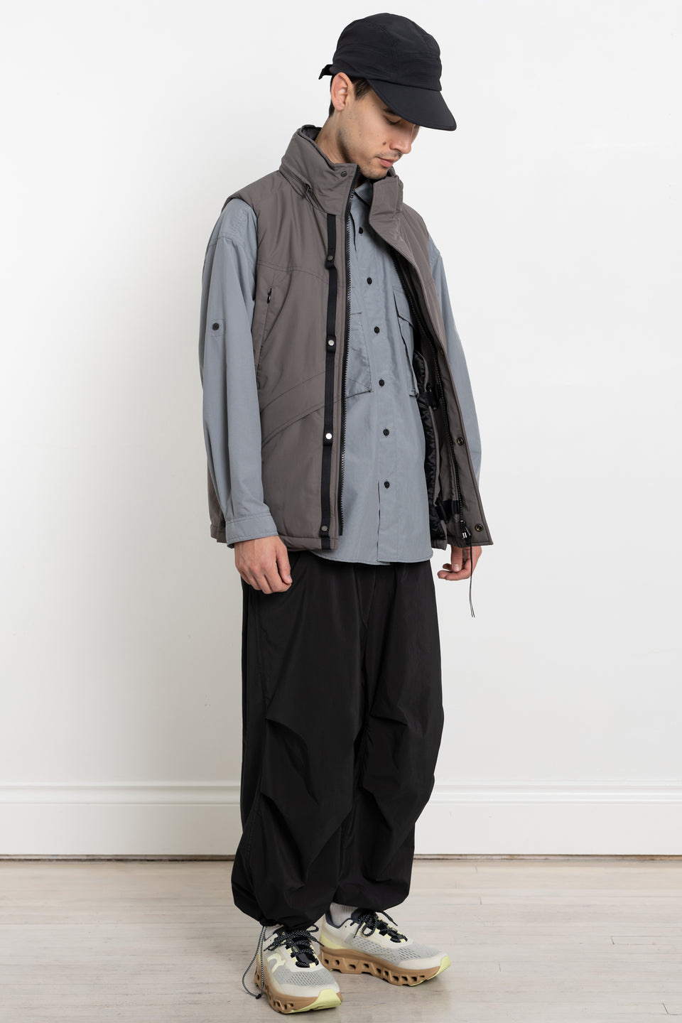 meanswhile Japan AW23 FW23 Men's Collection Side Slit Padding Vest Dark Taupe Calculus Victoria BC Canada
