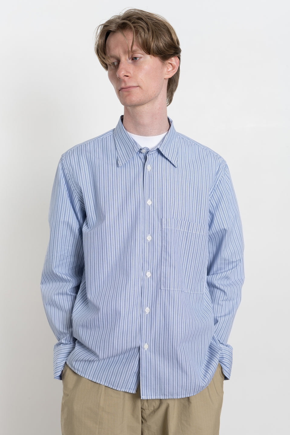 Universal Works SS24 Men's Collection Square Pocket Shirt Busy Stripe Cotton Blue / Navy Stripe Calculus Victoria BC Canada
