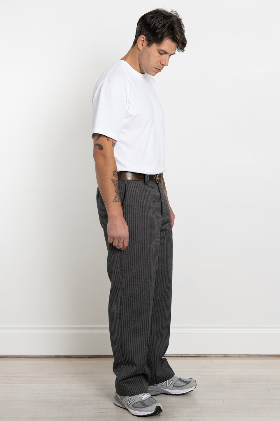 mfpen AW23 or FW23 Men's Collection Studio Trousers Dark Grey Stripe Calculus Victoria BC Canada