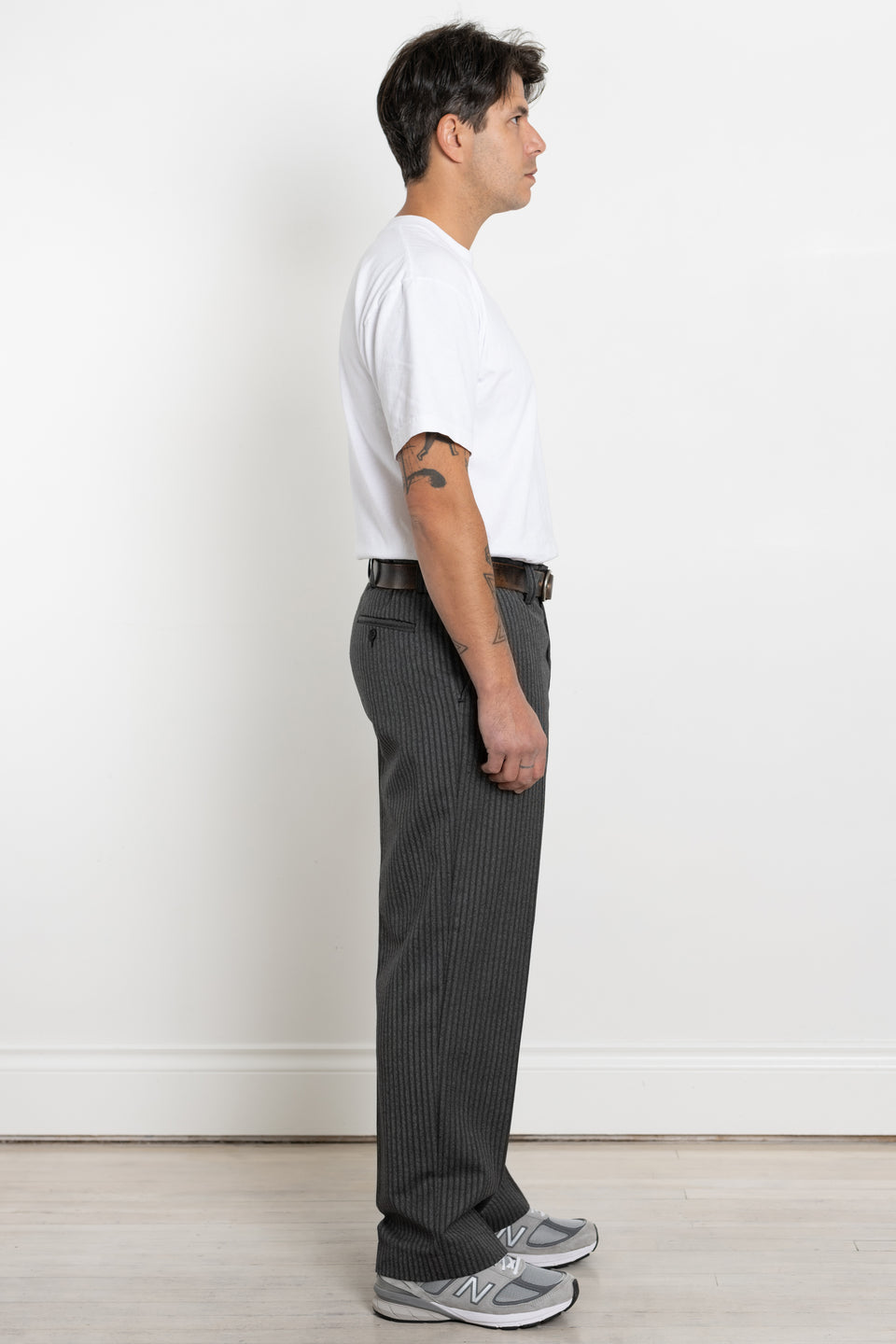 mfpen AW23 or FW23 Men's Collection Studio Trousers Dark Grey Stripe Calculus Victoria BC Canada