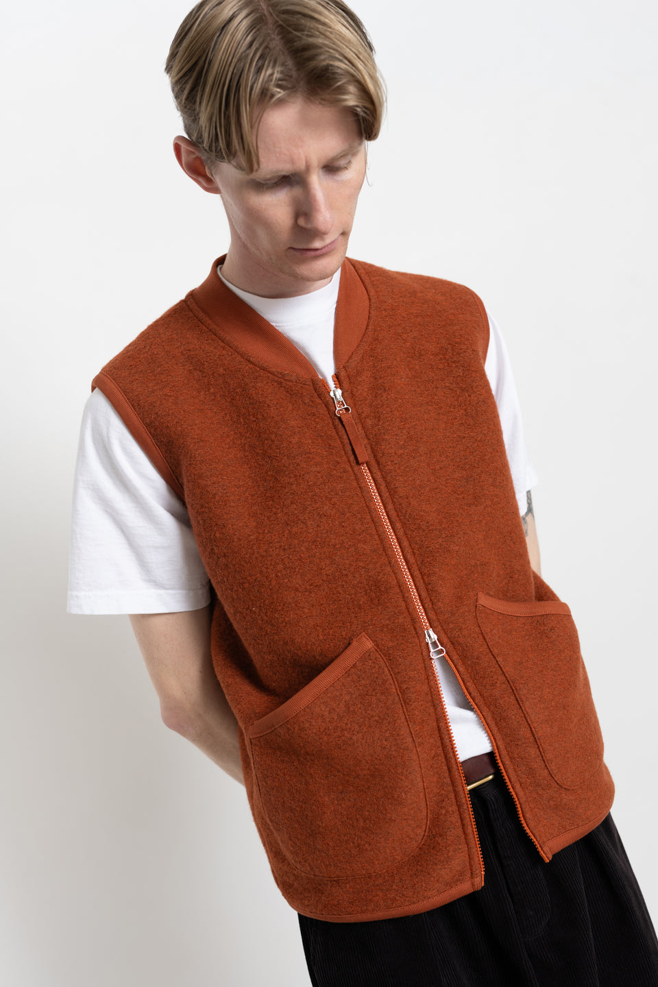 Universal Works FW23 Men's Collection Zip Waistcoat Wool Fleece Orange Calculus Victoria BC Canada