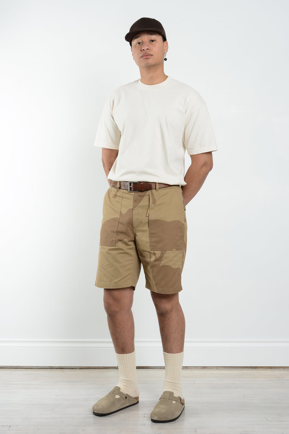 Engineered Garments SS22 Nepenthes New York Fatigue Short Khaki Animal Print Cotton Flat Twill Calculus Victoria BC Canada
