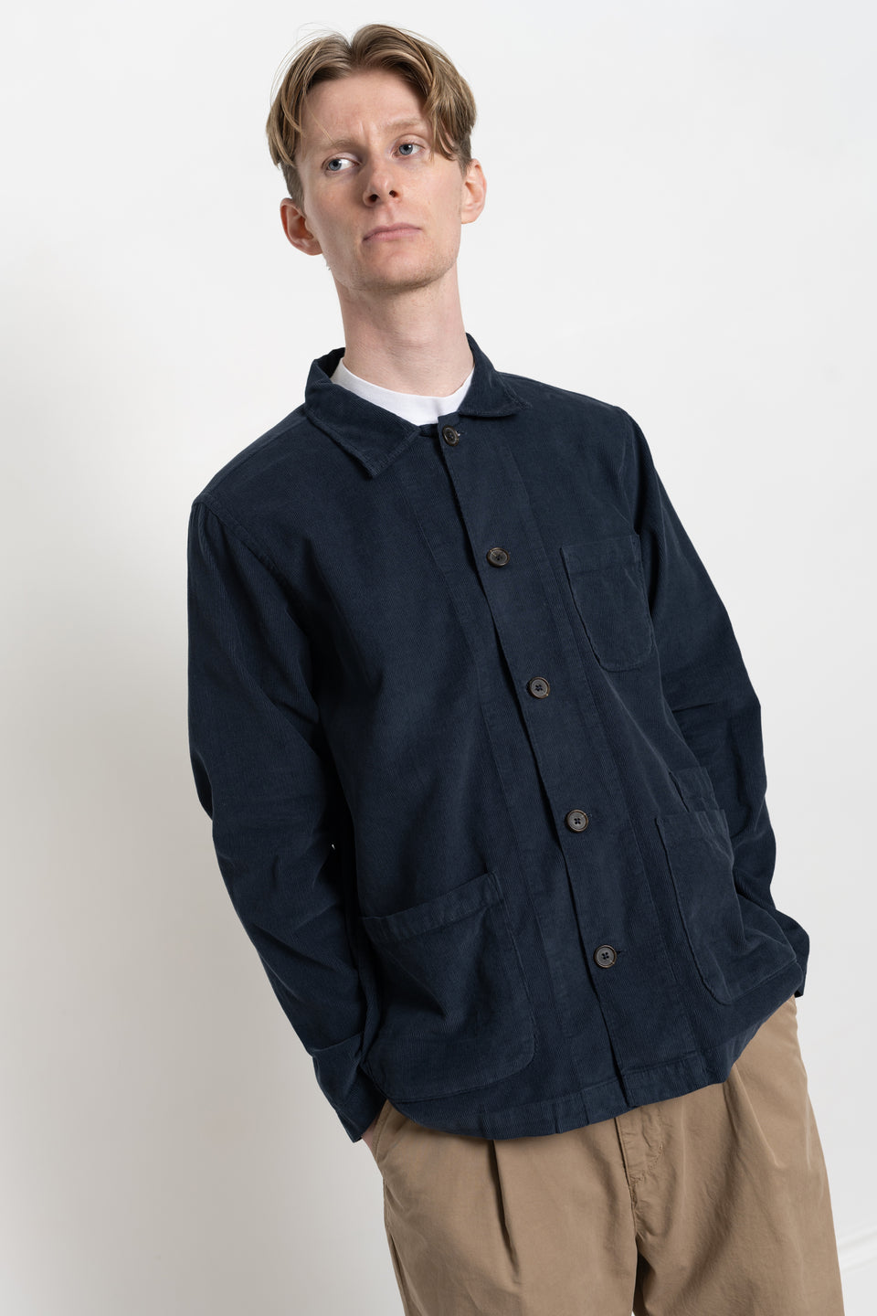 Universal Works FW23 Men's Collection Bakers Overshirt Fine Cord Navy Calculus Victoria BC Canada