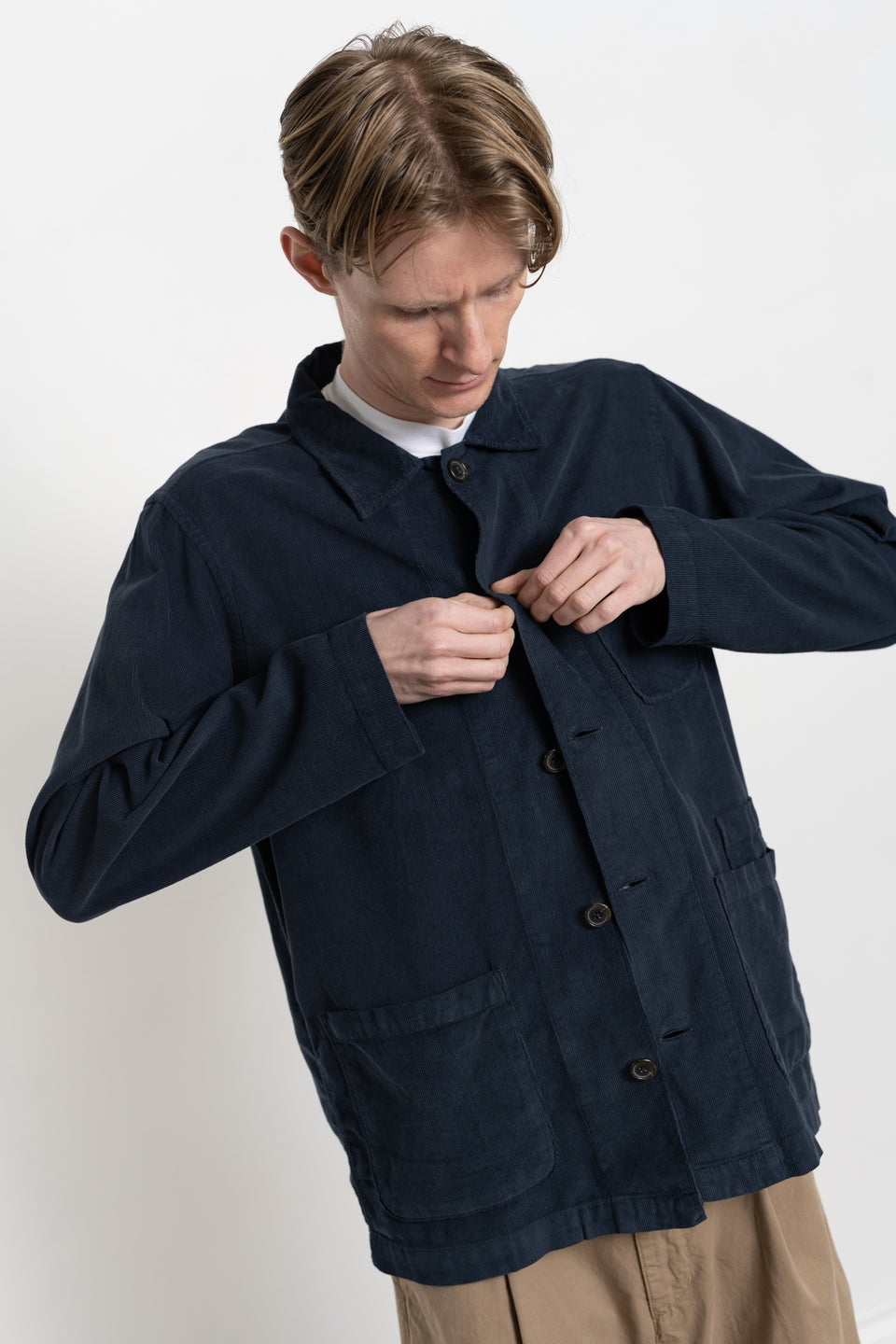 Universal Works FW23 Men's Collection Bakers Overshirt Fine Cord Navy Calculus Victoria BC Canada