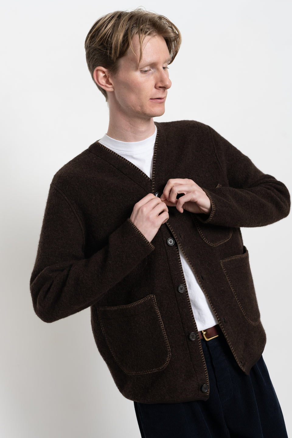 Universal Works FW23 Men's Collection Blanket Cardigan Wool Mix Brown Calculus Victoria BC Canada