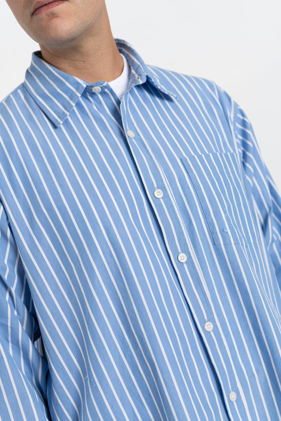 mfpen AW23 or FW23 Men's Collection Destroyed Executive Shirt Blue Stripe Organic Cotton Calculus Victoria BC Canada
