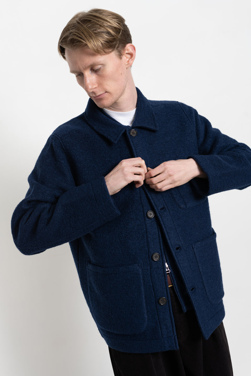 Universal Works FW23 Men's Collection Field Jacket Wool Fleece Indigo Calculus Victoria BC Canada