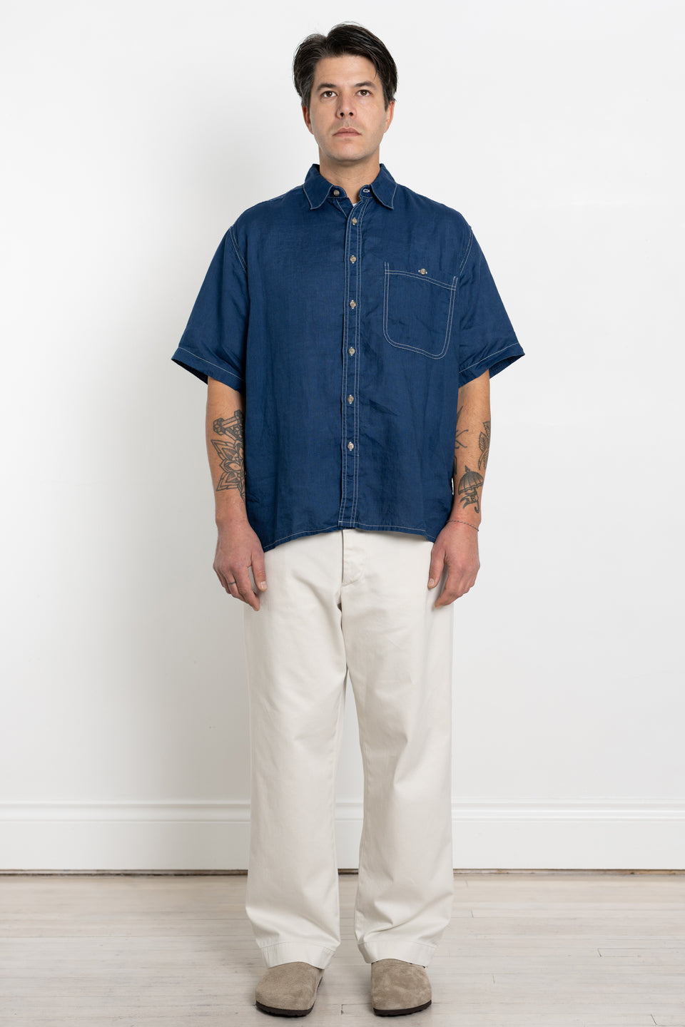 orSlow Japan 23AW FW23 Men's Collection Indigo Linen Loose Fit Short Sleeve Shirt Calculus Victoria BC Canada