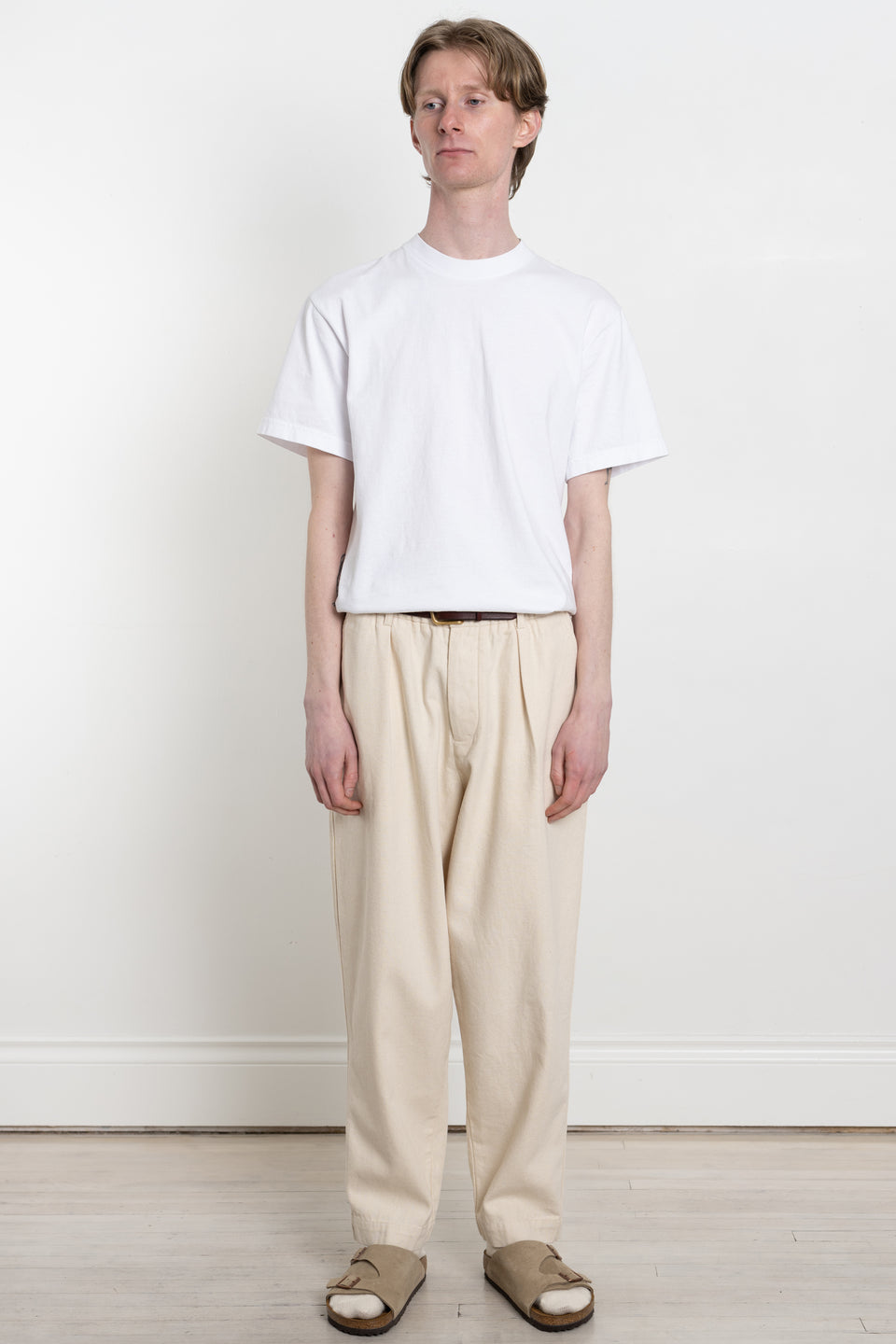 Universal Works SS24 Men's Collection Pleated Track Pant Recycled Cotton Ecru Calculus Victoria BC Canada