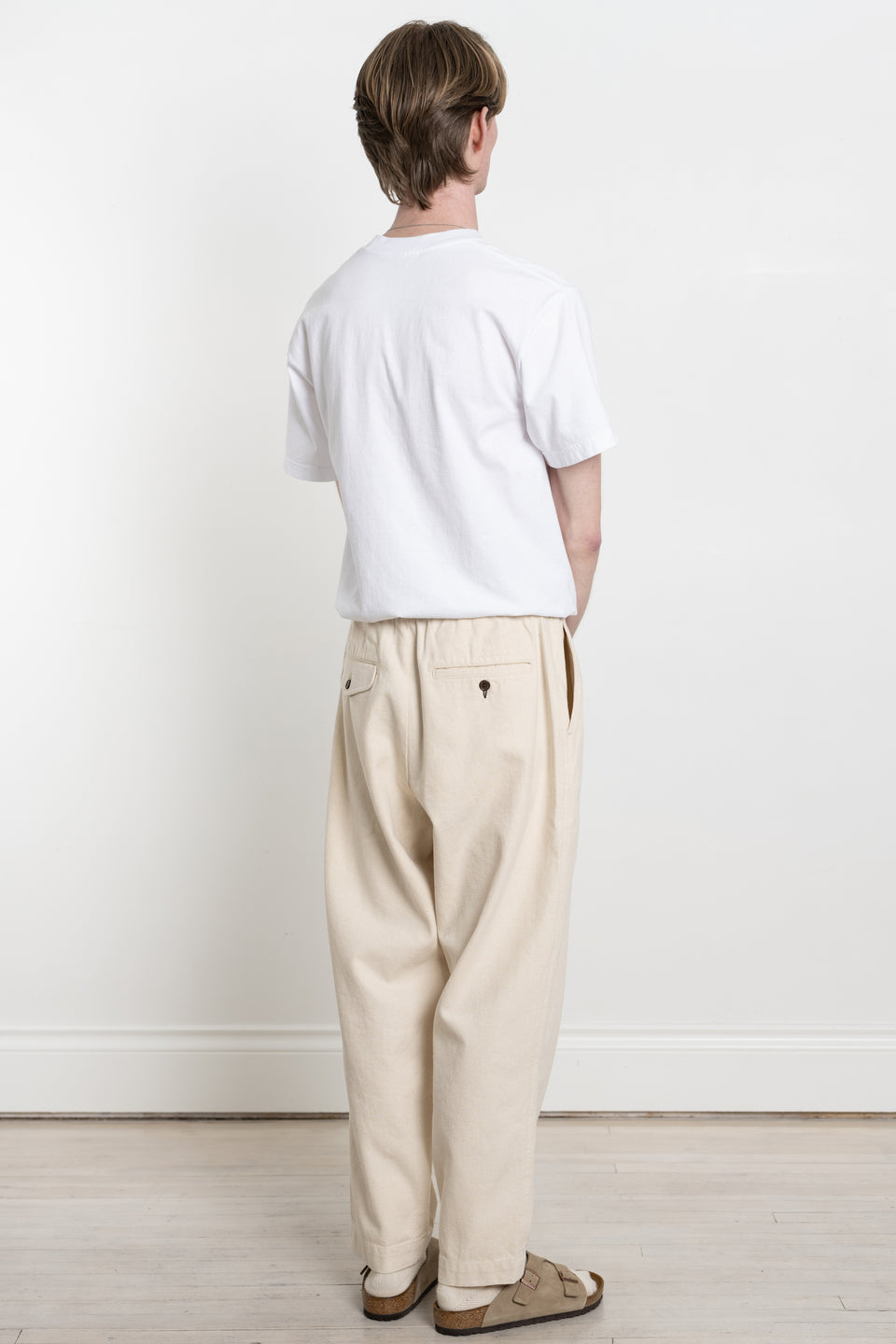 Universal Works SS24 Men's Collection Pleated Track Pant Recycled Cotton Ecru Calculus Victoria BC Canada