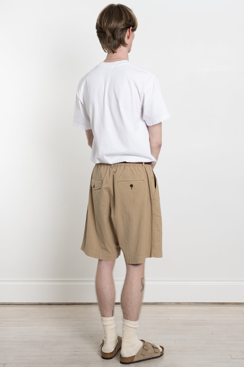 Universal Works SS24 Mens Collection Pleated Track Short Seersucker II Summer Oak Calculus Victoria BC Canada