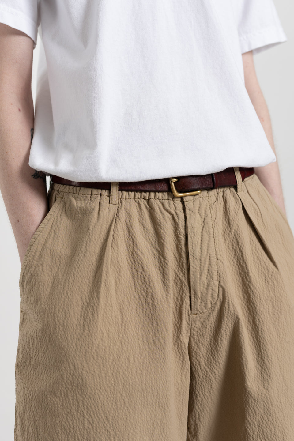 Universal Works SS24 Mens Collection Pleated Track Short Seersucker II Summer Oak Calculus Victoria BC Canada