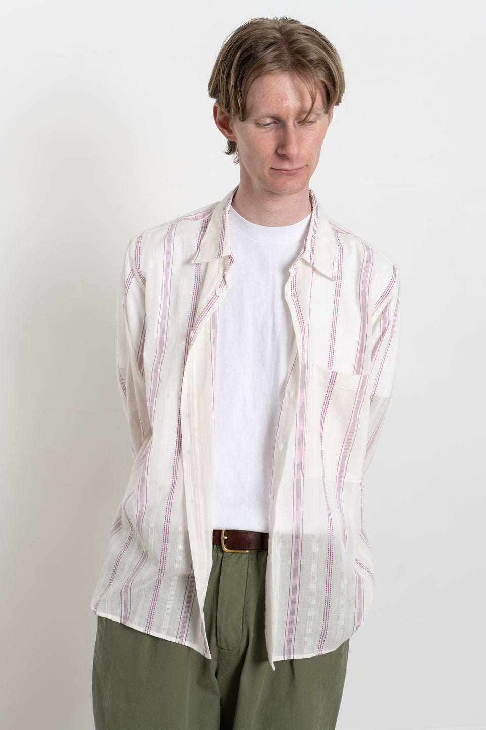 Universal Works SS24 Men's Collection Square Pocket Shirt Hendrix Curry Stripe Ecru / Lilac Calculus Victoria BC Canada