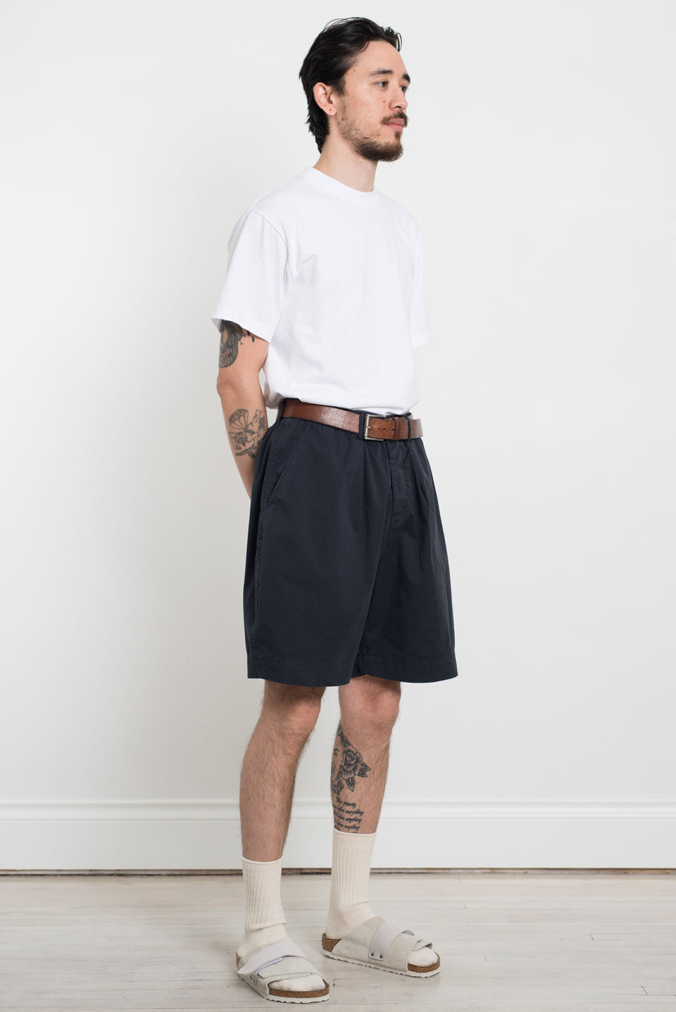 Universal Works SS23 Pleated Track Short Paper Touch Cotton Dark Navy Calculus Victoria BC Canada