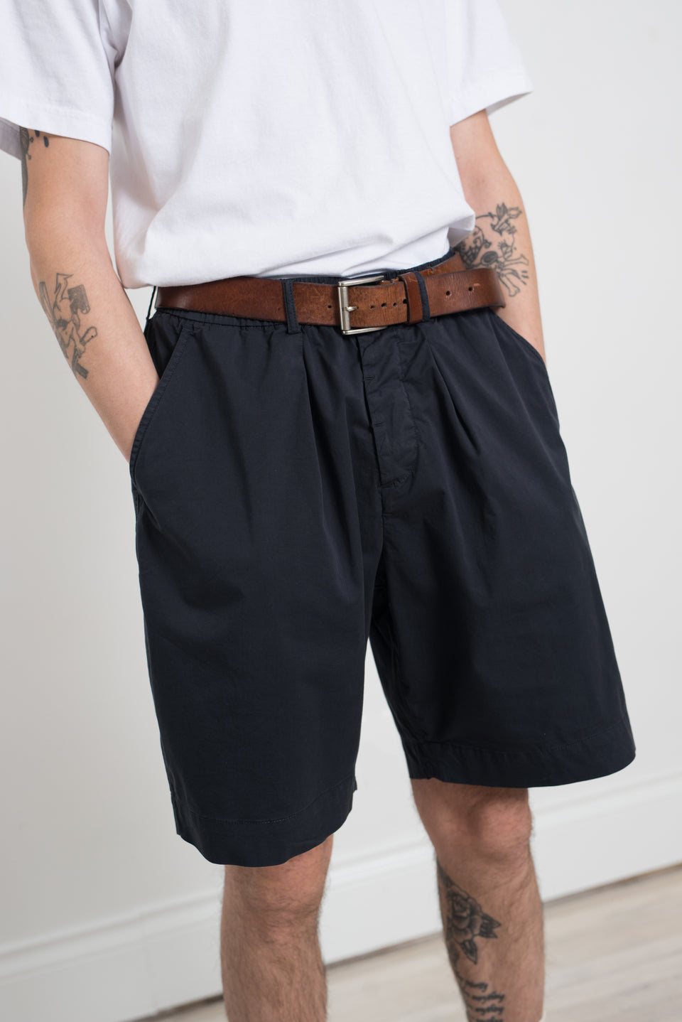 Universal Works SS23 Pleated Track Short Paper Touch Cotton Dark Navy Calculus Victoria BC Canada