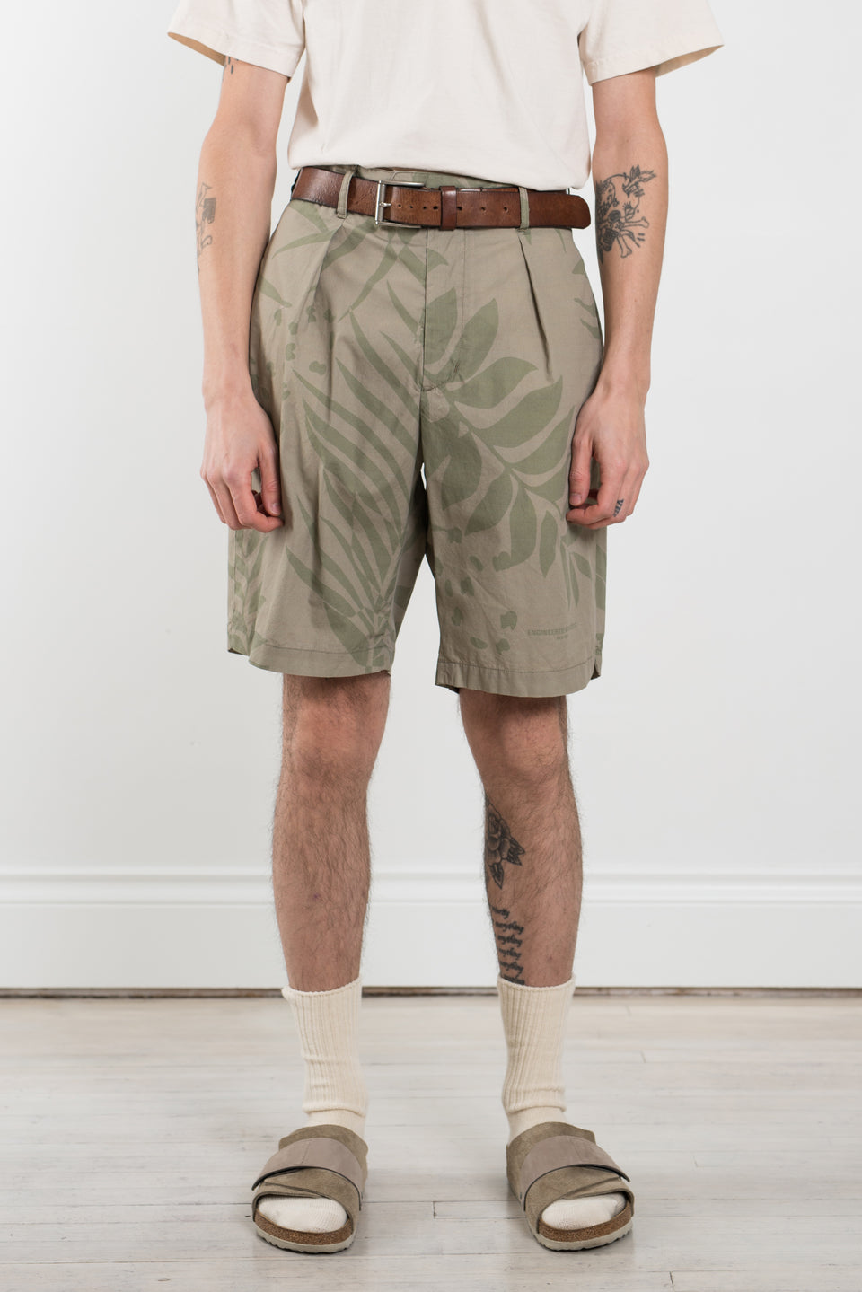 Engineered Garments SS22 Nepenthes New York Sunset Short Khaki / Olive Leaf Print Cotton Poplin Calculus Victoria BC Canada